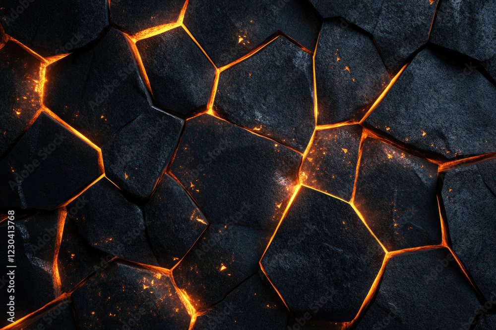 Poster glowing lava cracks through dark, fragmented stone, creating a fiery, textured surface.