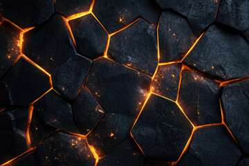 Glowing lava cracks through dark, fragmented stone, creating a fiery, textured surface.
