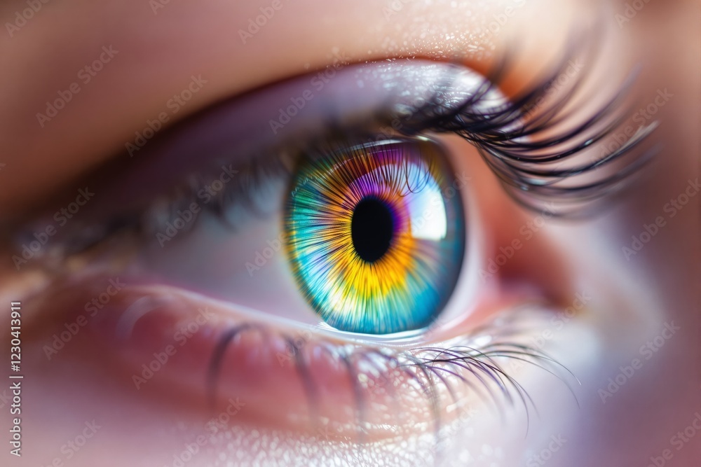 Poster Close-up image of a colorful eye with intricate iris details and soft lighting background.