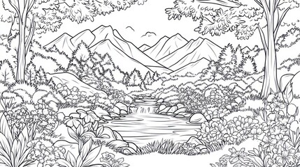 Naklejka premium Mountain stream, forest scene, coloring book page