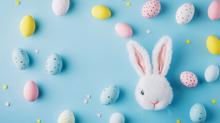 Obraz premium Easter party concept: bunny ears and pastel-colored eggs on a blue background with copy space.