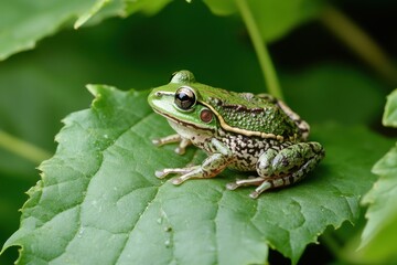 Fototapeta premium Poisonous frog on a green leaf, A green frog resting on a leaf, showcasing its vivid color against the lush greenery of its environment.