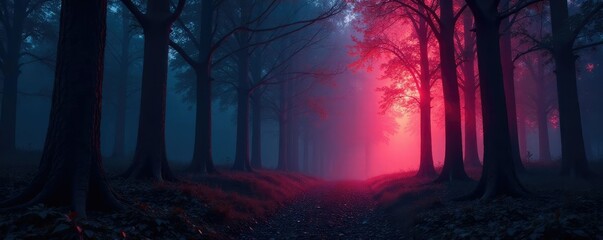 Obraz premium Light waves illuminating a dark forest and eerie glowing trees background, illuminating, mysterious