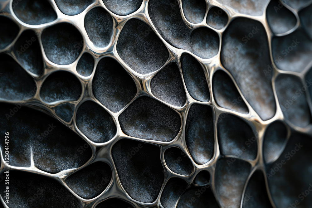 Poster Abstract metallic texture resembling a network of interconnected, irregular cells or bubbles.