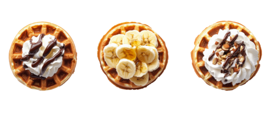 Delicious waffles topped with cream, bananas, and chocolate sauce