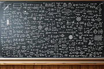 Chalkboard filled with mathematical equations, geometric diagrams, and formulas in a classroom setting.