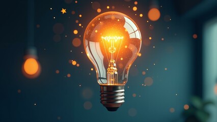 A glowing lightbulb contains holographic workspace images amidst innovation sparks.