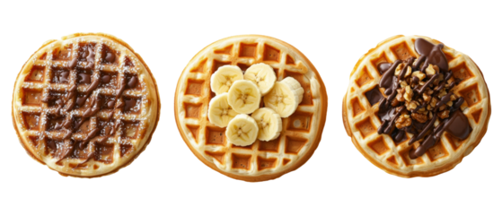 Delicious waffles with chocolate, banana, and nut toppings displayed beautifully