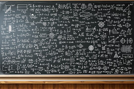 Chalkboard filled with mathematical equations, geometric diagrams, and formulas in a classroom setting.