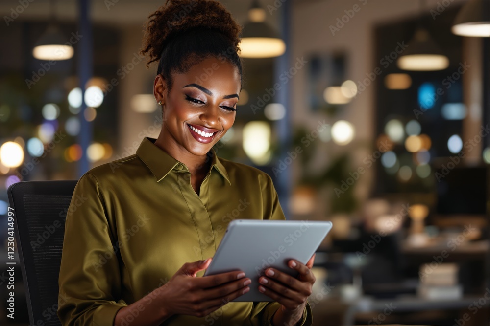 Poster woman smiling while using a tablet in a warmly lit office space at night.