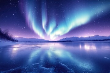 A frozen lake with a reflection of the northern lights in the ice
