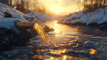 Water pouring from a broken copper pipe on snow, highlighting winter plumbing problems, clean and modern style with blurred background and empty caption space for text or message

