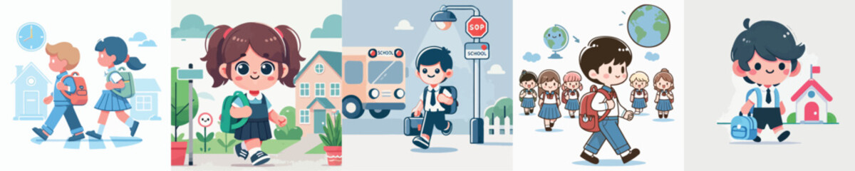 vector collection of children going to school