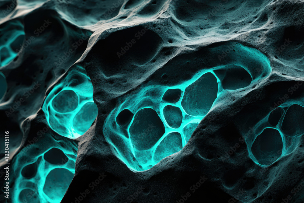 Poster abstract 3d render of a porous, dark teal textured surface with glowing cyan cavities.