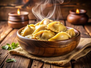 Rustic Wooden Bowl of Golden Pierogi - Delicious Polish Dumplings