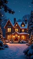 Obraz premium Luxury mansion shines under magical Christmas fairy lights, magical, twinkling, refined