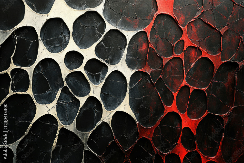 Poster abstract art depicting a contrasting network of red and silver organic shapes on a transparent backg
