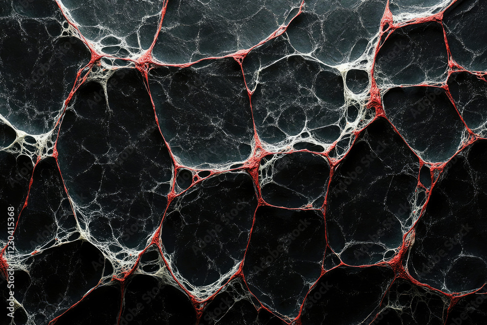 Poster Intricate web of red and white threads on dark background, resembling a spiderweb or neural network.