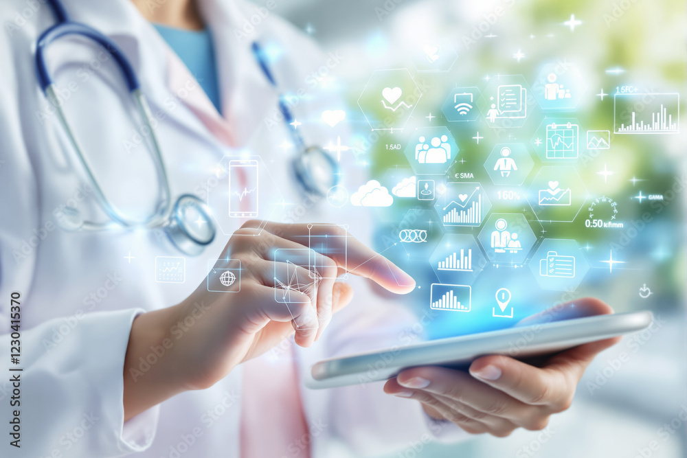 Poster Doctor interacting with a digital interface displaying medical icons and data on a light background.