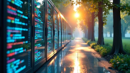 Towering glass structures in a forest-like setting, with colorful code shadows and transparent reflections.