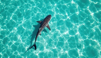 Shark swimming in clear turquoise water. Aerial view of marine life in tropical ocean.