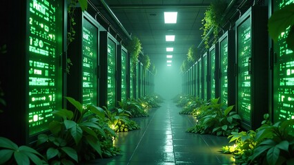 Abandoned data center reclaimed by nature, eerie green glow amidst lush foliage.