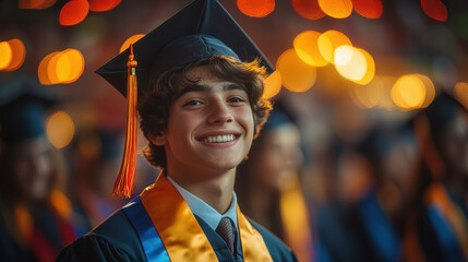 A joyful graduate smiles proudly during a ceremony, surrounded by fellow graduates and festive lights in the background.