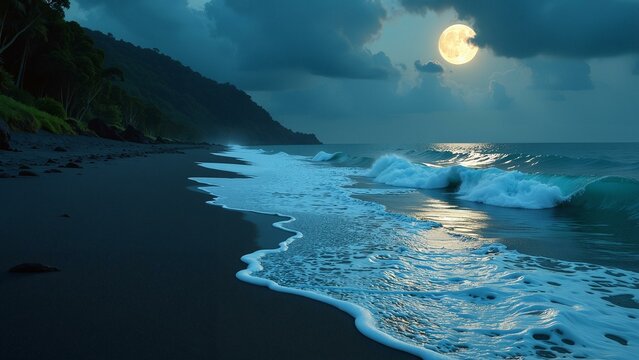 Black sand beach with waves writing glowing blue-green code under moonlight.