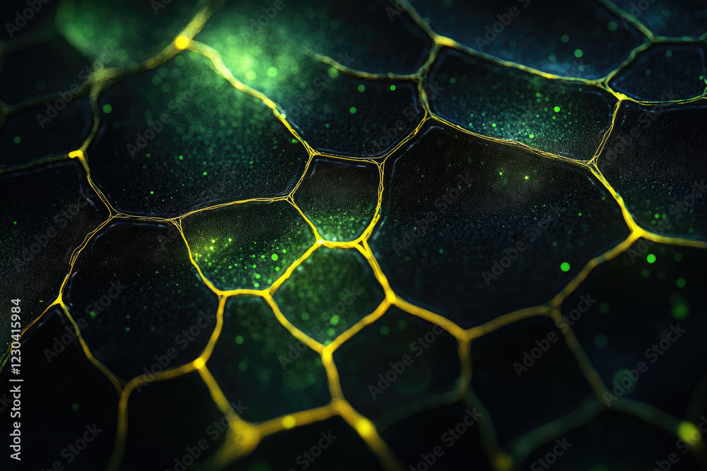 Aufkleber Abstract image of a dark, textured surface with glowing green and yellow lines forming a honeycomb-like pattern.