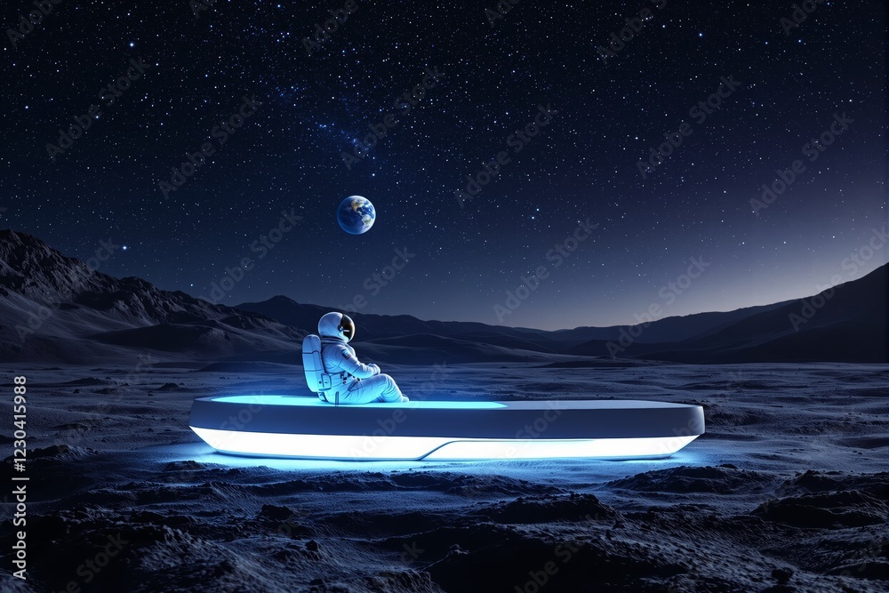 Poster astronaut seated on glowing futuristic platform under starry sky with earth in the background.