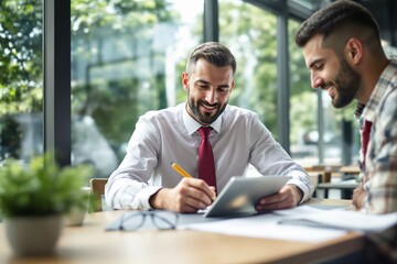 Obraz premium Business collaboration scene with two men discussing documents at a bright modern office table.