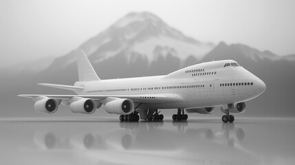 Obraz premium Wireframe Airplane Model Mountain Background Design Travel 3D Jet Sky Art Grey Trip Tail White Wings