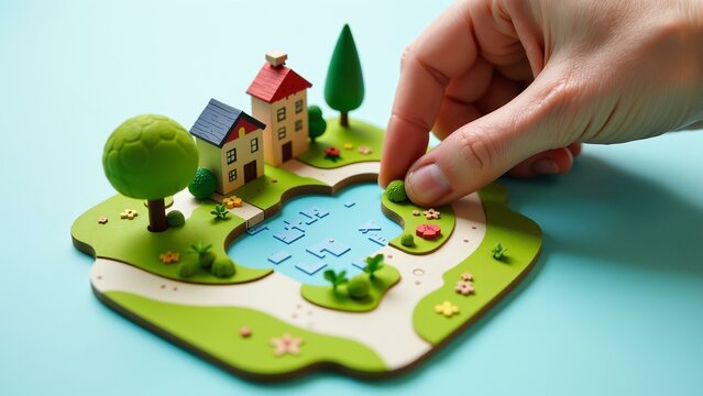 A futuristic cityscape with green roofs, solar panels, and wind turbines emerges from a puzzle piece by piece, showcasing innovative eco-friendly architecture and sustainable living concepts.