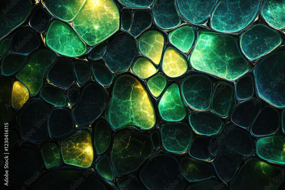 Aufkleber Abstract image depicting an intricate pattern of interconnected, glowing green and yellow organic shapes resembling a cellular structure or gemstone mosaic.