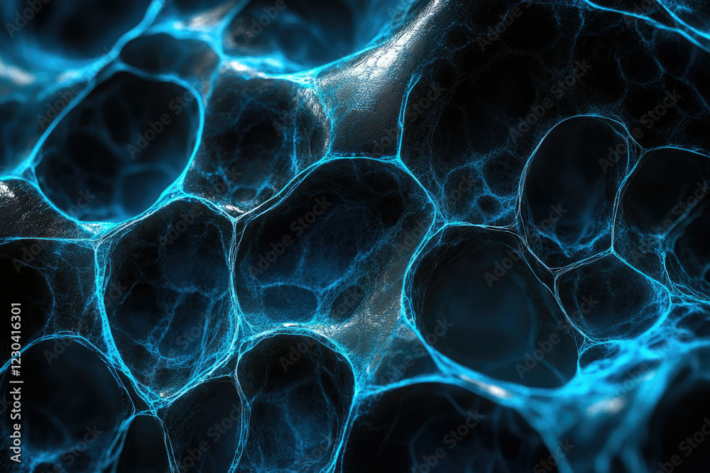 Poster Abstract blue network resembling a cellular structure or neural network, intricate and glowing.