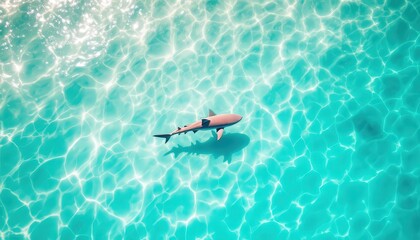 Fototapeta premium Shark swimming in clear turquoise water. Aerial view of marine life in tropical ocean.