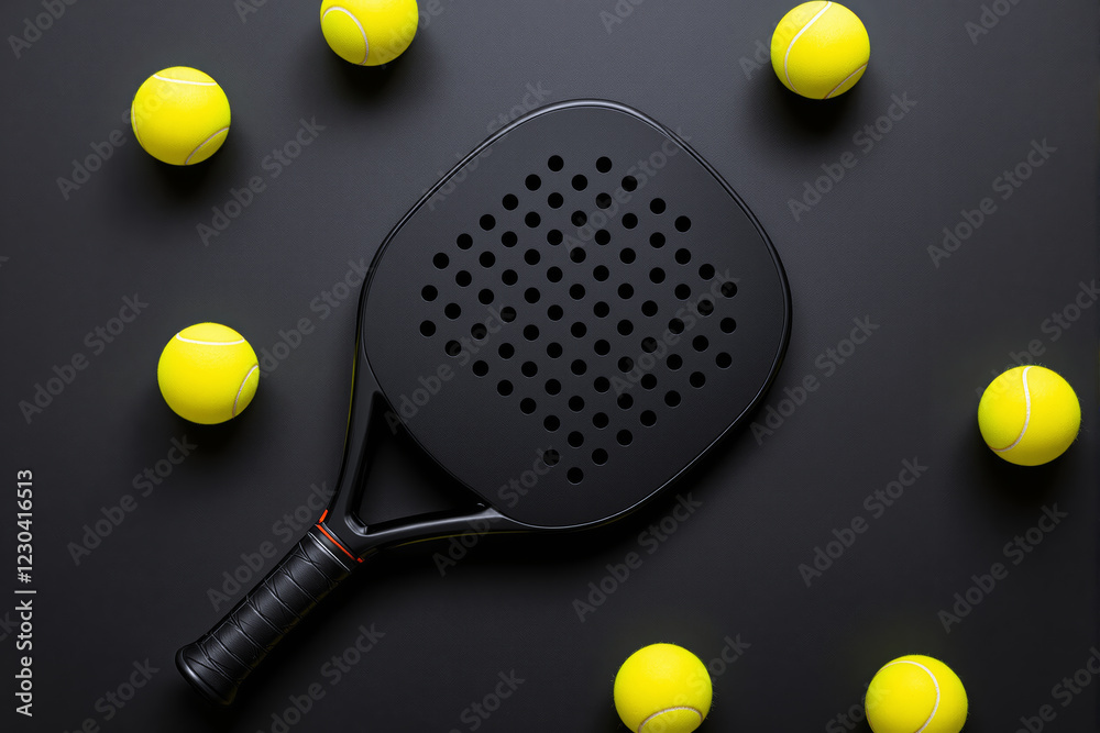 Poster black padel racket with perforated surface surrounded by yellow tennis balls on dark background.