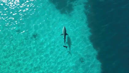 Fototapeta premium Shark swimming in clear turquoise water. Aerial view of marine life in tropical ocean.