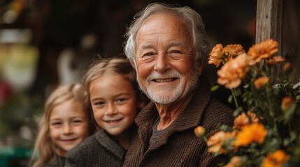 A joyful elderly man poses with two smiling children against a backdrop of vibrant flowers, capturing a moment of happiness and connection.