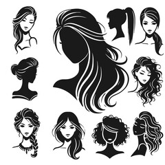 Clean black and white vector silhouette of women hairstyles on white background