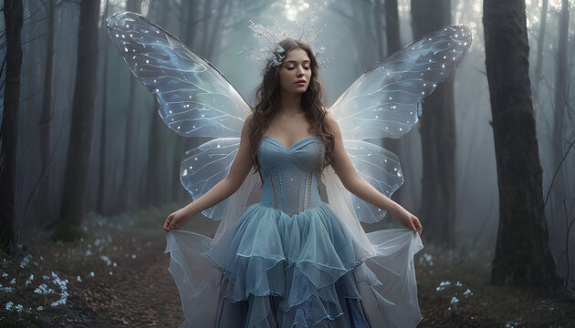 eterea fata dal vestito azzurro e le ali da farfalle trasparenti, ethereal fairy with a blue dress and transparent butterfly wings