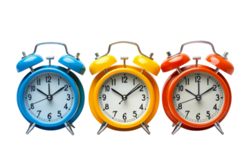 Image of three vintage twin-bell alarm clocks in blue, yellow, and orange, arranged in a row on a transparent background.  AI generated isolated..