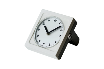 A modern white analog desk clock with a clean design, black hands, and a tilted stand, isolated