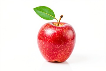 Fresh red apple with green leaf on white background.