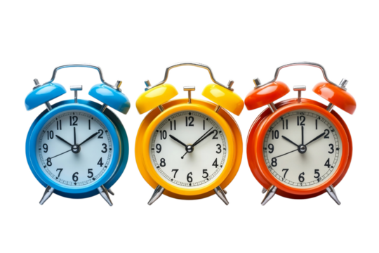 Image of three vintage twin-bell alarm clocks in blue, yellow, and orange, arranged in a row on a transparent background.  AI generated isolated.. - Powered by Adobe