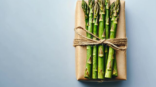 Fresh green asparagus bundled in brown paper with twine on a light blue background