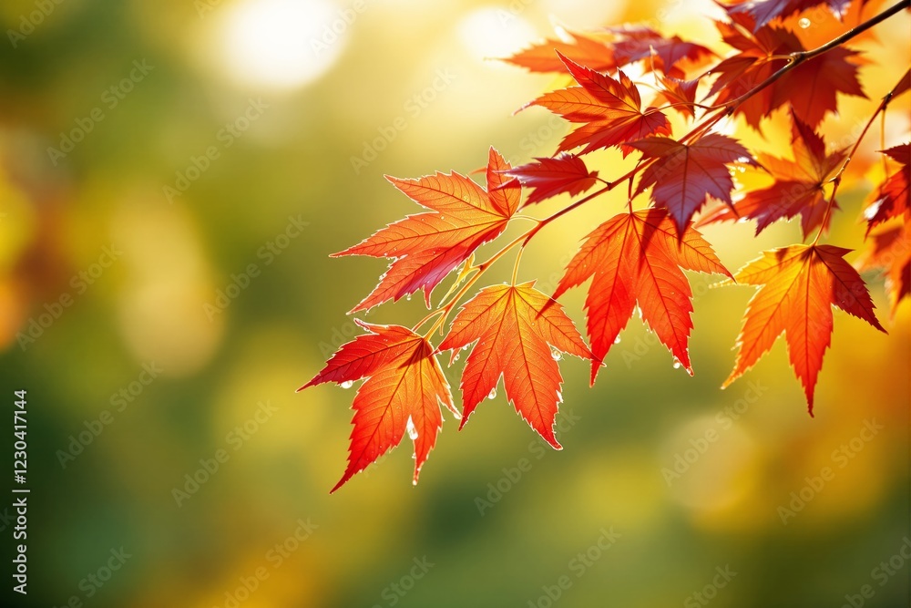Poster vibrant red autumn leaves on tree branch with sunlight background.