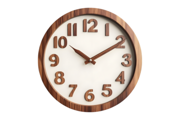 A modern minimalist wall clock with a wooden frame, black hands, and a clean white face, isolated on a transparent background.