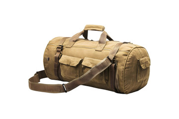 Image of a durable canvas duffel bag with multiple pockets, adjustable straps, and a vintage military-inspired design, perfect for travel or outdoor adventures.  .