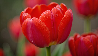 Fototapeta premium Vibrant red tulip with water droplets against blurred background, beauty of nature